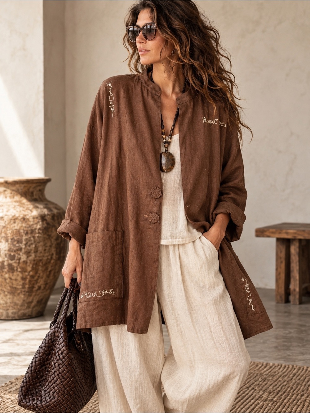 TAMIKO Art to Wear Linen Rayon Tunic Jacket Brown Embroidered Lagenlook